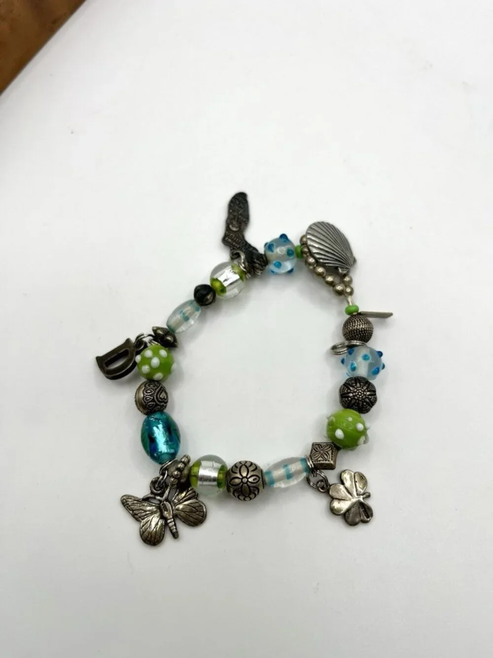 VTG Sterling Silver Charm Bracelet Artisan Lampwork Glass Beads Florida Shell